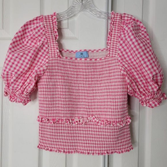 CeCe Tops - CeCe Smocked Puff Sleeve Top Medium Pink White Gingham